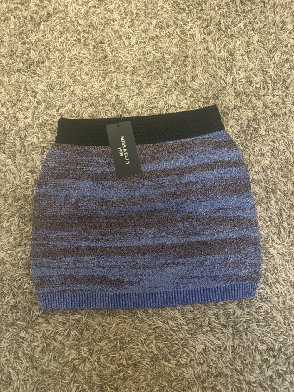 Miss Kelly Blue & Charcoal Striped Knit Mini Skirt